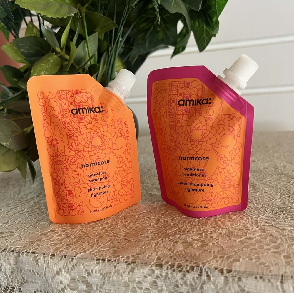 amika Normcore Refill Pouches Shampoo & Condtioner - Orange & Pink/ New